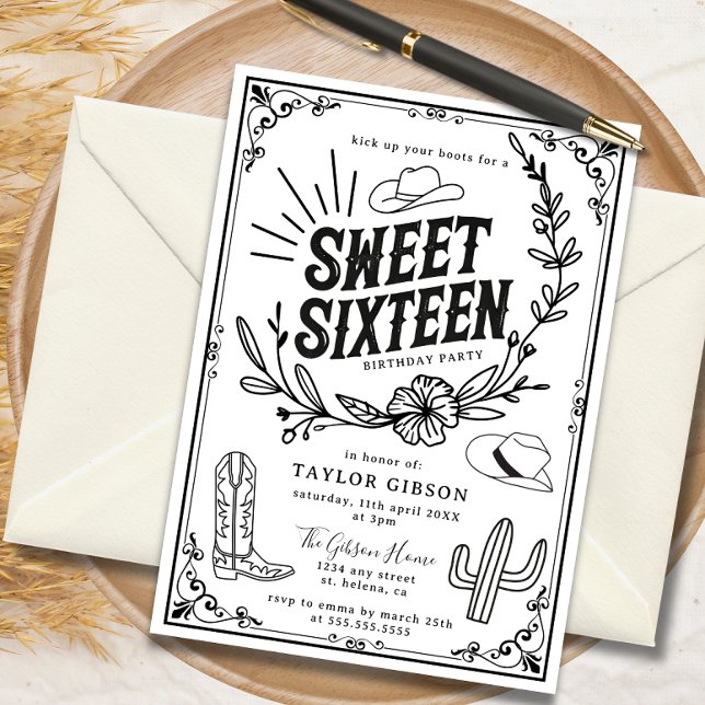 Convites Rustic Wild West Sweet 16 Festas de aniversário (Rustic cowgirl Sweet Sixteen birthday invitation with western design.)