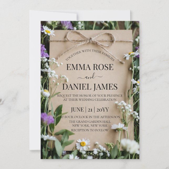 Convites Rustic Wildflower Botanical Kraft Paper Wedding (Frente)