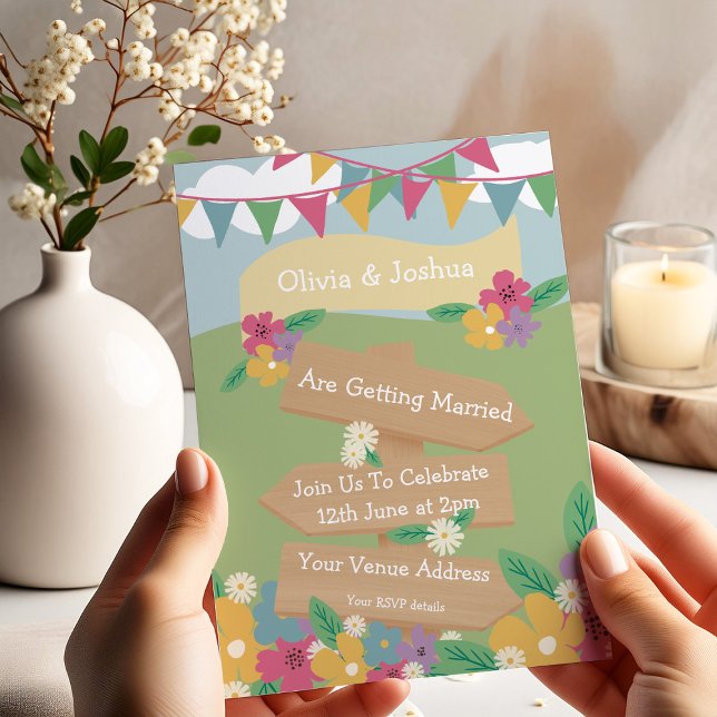 Convites Rustic Wildflower com Bunting e Sinais Casamento (Criador carregado)