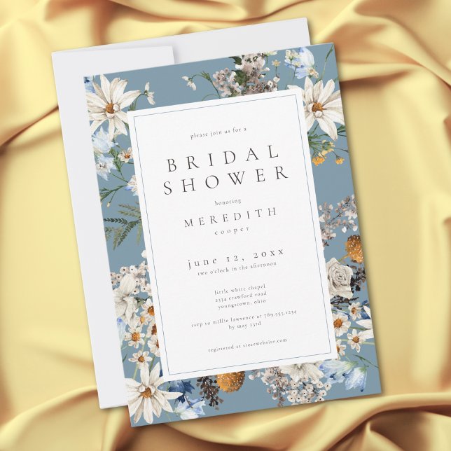 Convites Rustic Wildflowers & Daisies Blue Bridal Shower (Rustic Wildflowers & Daisies Blue Bridal Shower Invitation)