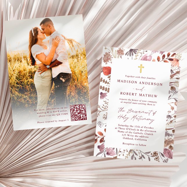 Convites Rustic Wildflowers Photo QR Code Catholic Wedding (Criador carregado)