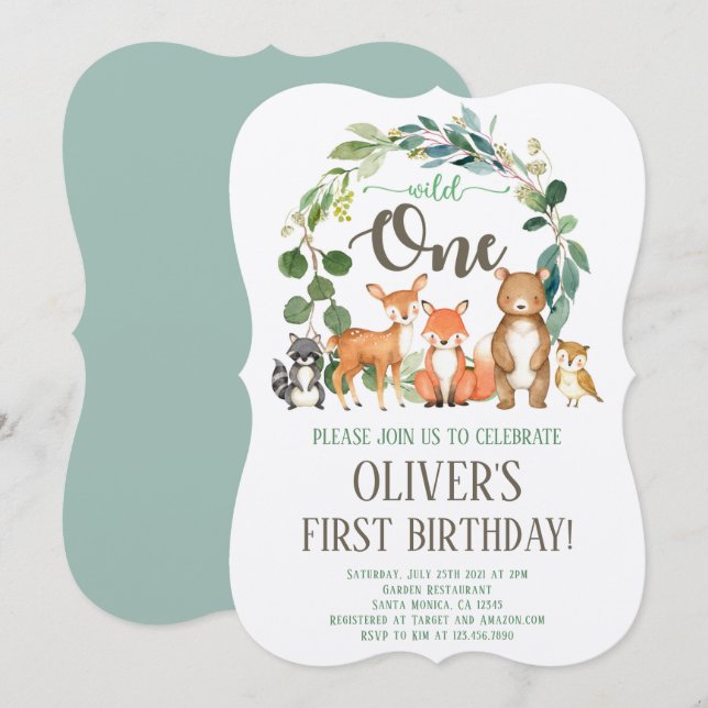 Convites Rustic Wiltic One Woodland Invitation Boy (Frente/Verso)