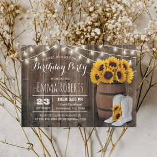 Convites Rustic Wine Barrel Sunflower Cowgirl Aniversário