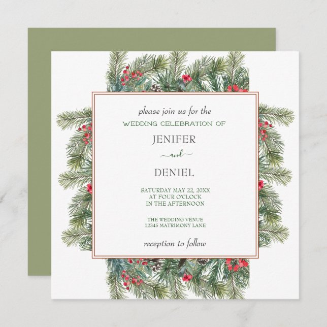 Convites Rustic Winter Berry Pine Greenery Wedding (Frente/Verso)