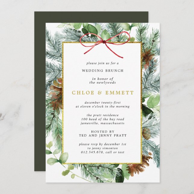 Convites Rustic Winter Botanical Pine Wedding Brunch (Frente/Verso)