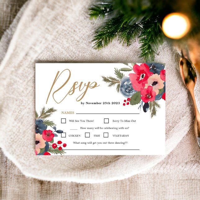 Convites Rustic Winter Floral Watercolor Wedsvp (Rustic Elegant Winter Floral Watercolor Wedding rsvp)