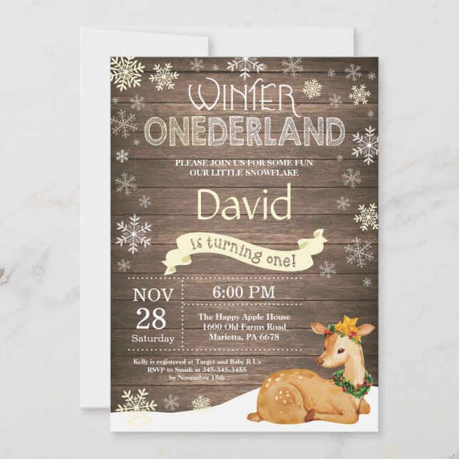 Convites Rustic Winter Onederland Deer primeiro aniversario (Frente)