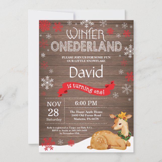 Convites Rustic Winter Onederland Deer primeiro aniversario (Frente)