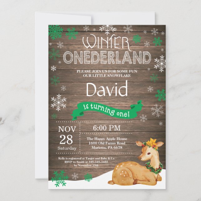 Convites Rustic Winter Onederland Deer primeiro aniversario (Frente)