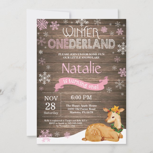 Convites Rustic Winter Onederland Deer primeiro aniversario (Frente)