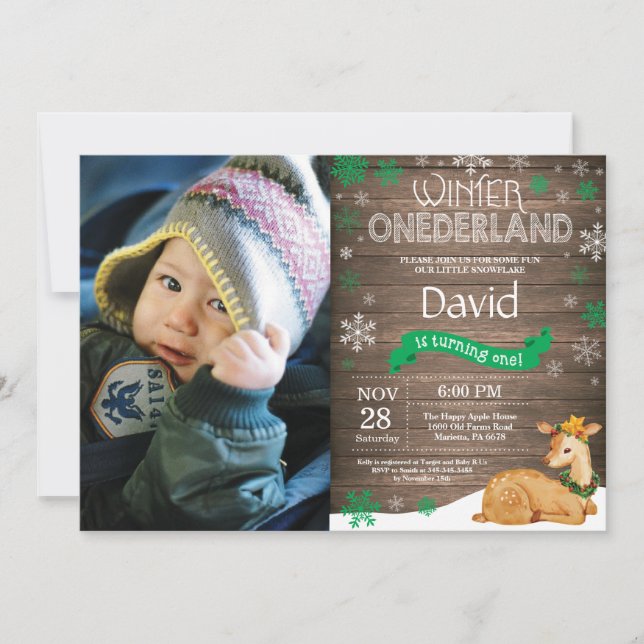 Convites Rustic Winter Onederland Deer primeiro aniversario (Frente)