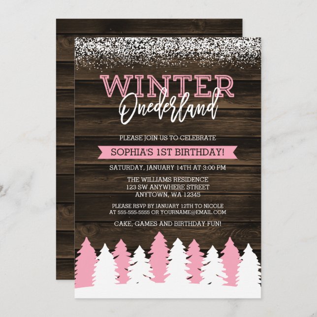 Convites Rustic Winter Onederland Pink primeiro aniversario (Frente/Verso)
