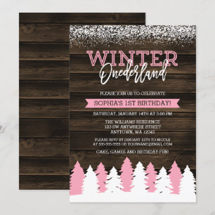 Convites Rustic Winter Onederland Pink primeiro aniversario