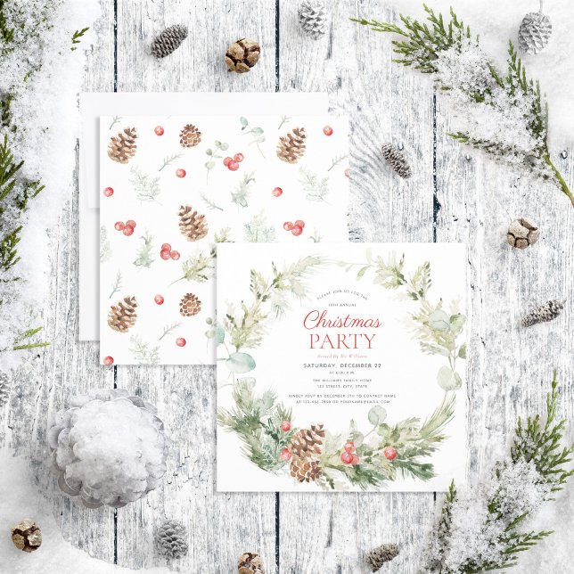 Convites Rustic Winter Pine Berry Wreath Holiday Party (Criador carregado)