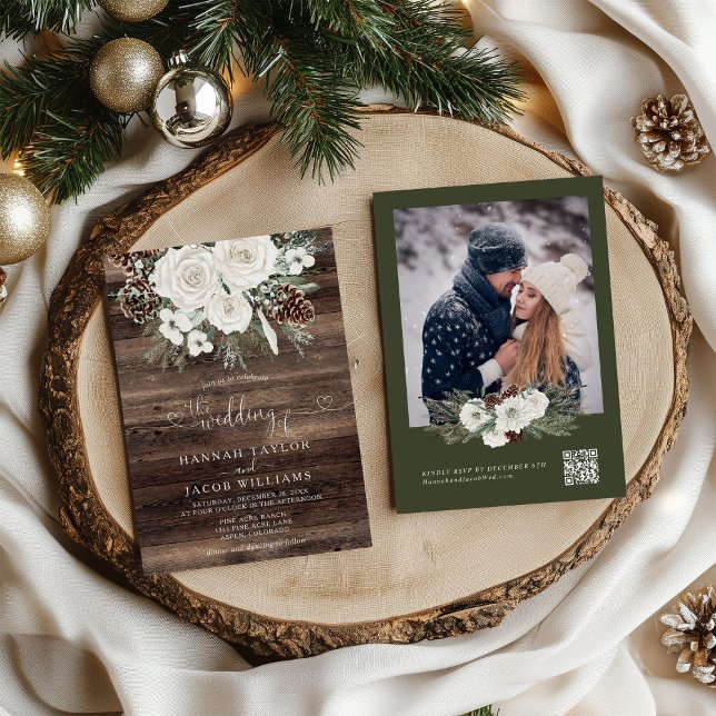 Convites Rustic Winter Pine QR Code RSVP Weding (Criador carregado)