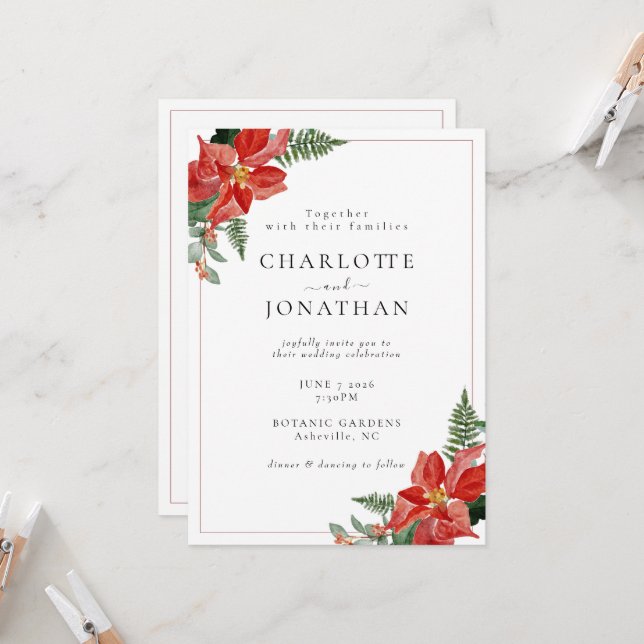 Convites Rustic Winter Poinsettia Red Christmas Wedding (Frente/Verso In Situ)