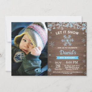 Convites Rustic Winter Snowflake Blue Silver Boy Aniversári