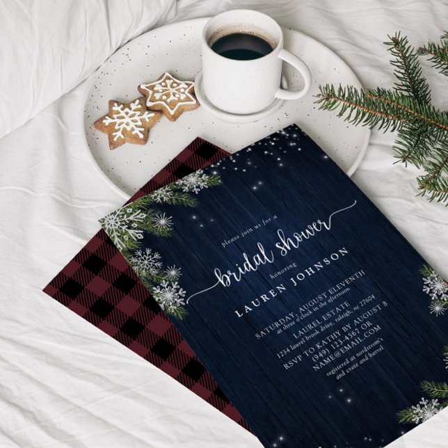 Convites Rustic Winter Snowflake Blue Xadrez Chá de panela  (Bridal Shower Invitation!)