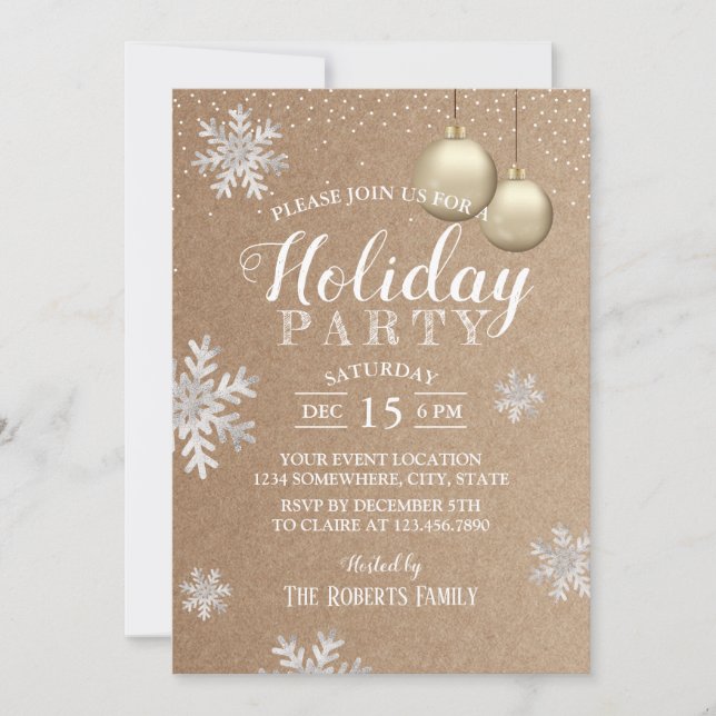 Convites Rustic Winter Snowflakes Foliday Party Kraft (Frente)