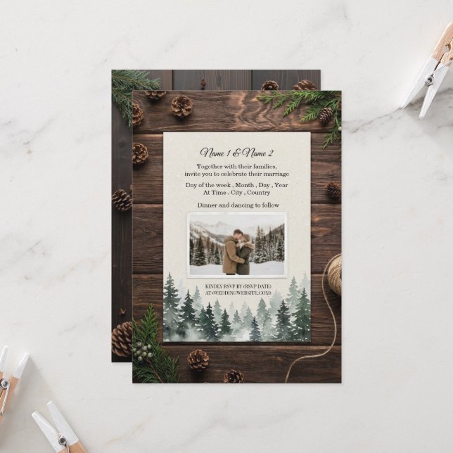 Convites Rustic winter wedding invitation with photo (Frente/Verso In Situ)