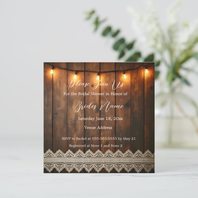 Convites Rustic Wood and Lace Bridal Shower Invitation (Em pé/Frente)