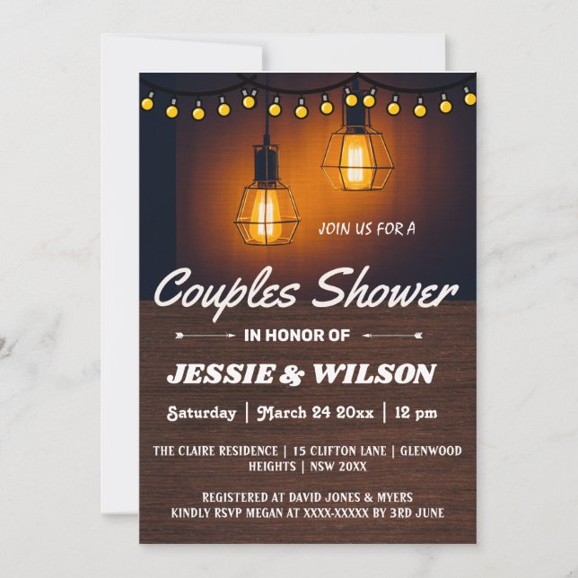 CONVITES RUSTIC WOOD AND LIGHTS COUPLES SHOWER INVITATION (Frente)