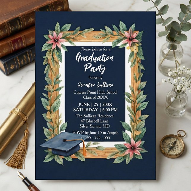 Convites Rustic Wood and Navy Blue Floral Photo Graduation (Criador carregado)
