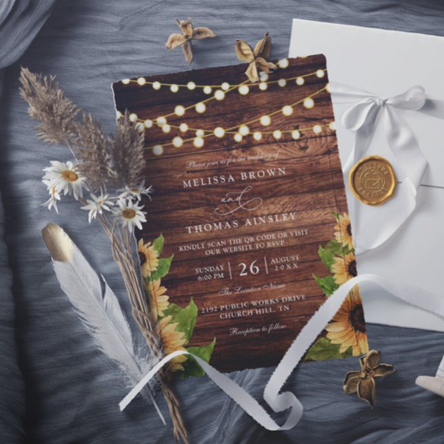 Convites Rustic Wood and Sunflower Elegant QR Code Wedding (Criador carregado)