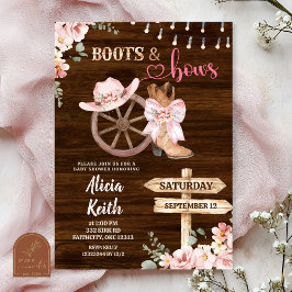 Convites rustic wood background floral boots and bows