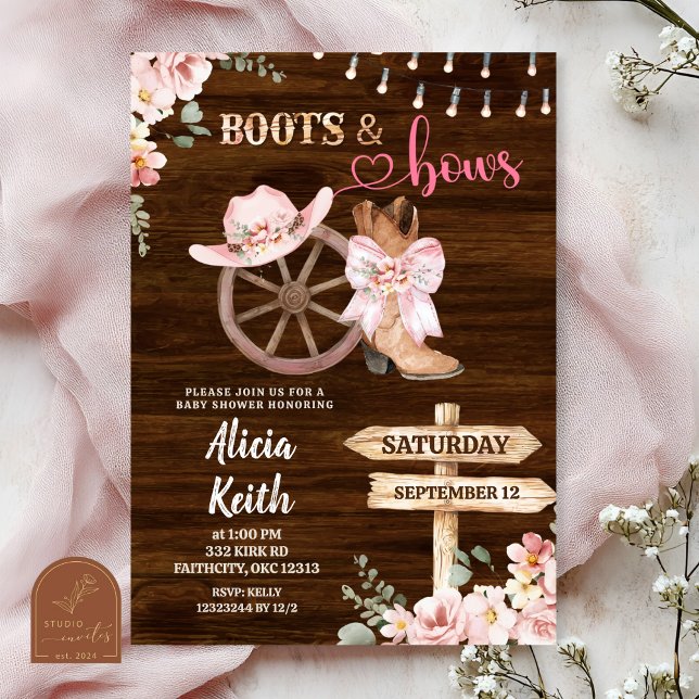 Convites rustic wood background floral boots and bows (Criador carregado)