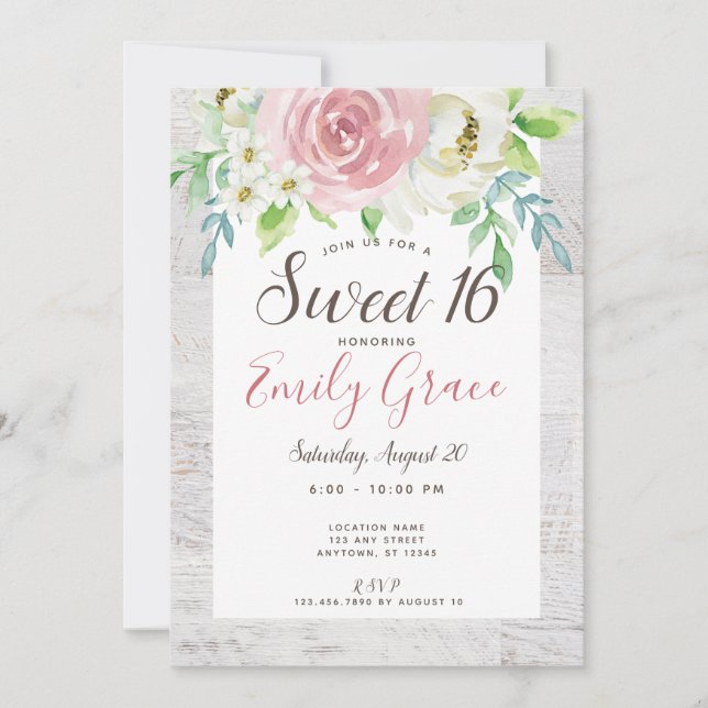 Convites Rustic Wood Boho Floral Sweet 16 Aniversário (Frente)
