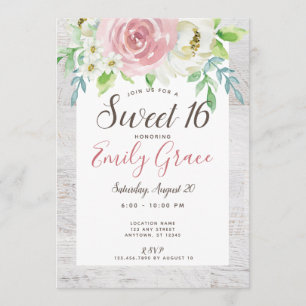 Convites Rustic Wood Boho Floral Sweet 16 Aniversário