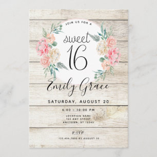 Convites Rustic Wood Boho Floral Sweet 16 Aniversário Convi
