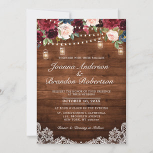 Convites Rustic Wood Burgundy Floral Mason Jar Wedding