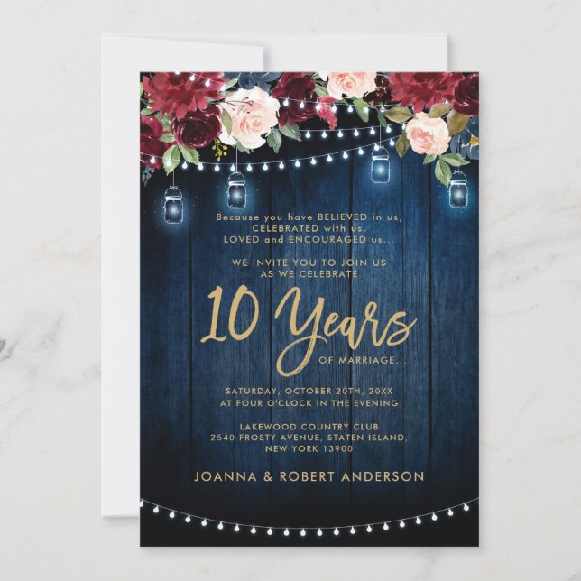 Convites Rustic Wood Burgundy Floral Mason Jar Wedding (Frente)