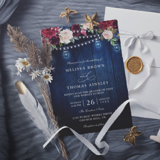 Convites Rustic Wood Burgundy Floral Mason QR Code Wedding (Criador carregado)