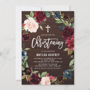 Convites Rustic Wood Burgundy Floral Wreath Christening