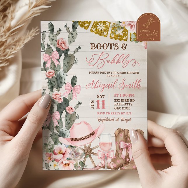 Convites Rustic Wood Cactus Boots and Bubbly Bridal Shower (Criador carregado)
