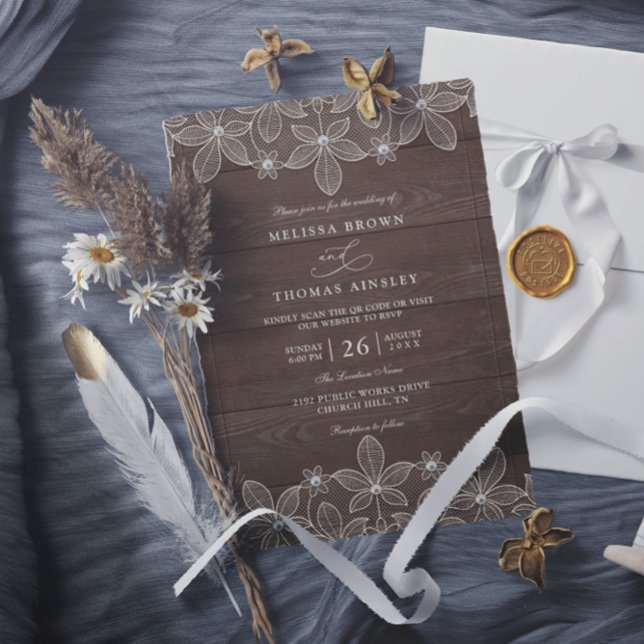 Convites Rustic Wood Country Lace Elegant QR Code Wedding (Criador carregado)