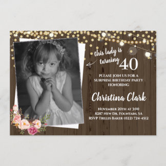 Convites Rustic Wood Custom Photo Floral Women Aniversário