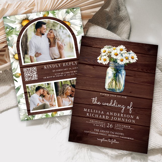 Convites Rustic Wood Daisies Mason Jar QR Code Wedding (Criador carregado)