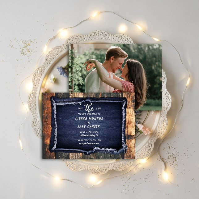 Convites Rustic Wood Denim Casual Foto Casual Data de Salva (rustic wedding save the date barn wood denim ranch country western hand written blue white brown)