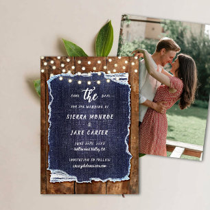 Convites Rustic Wood Denim Escrevendo Foto Casamento Data d
