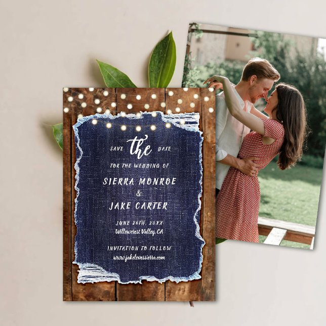 Convites Rustic Wood Denim Escrevendo Foto Casamento Data d (rustic wedding save the date cowboy barn wood denim string lights ranch country western hand written)