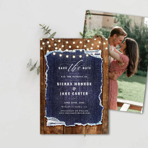 Convites Rustic Wood Denim Foto Cowboy Casamento Data de Sa
