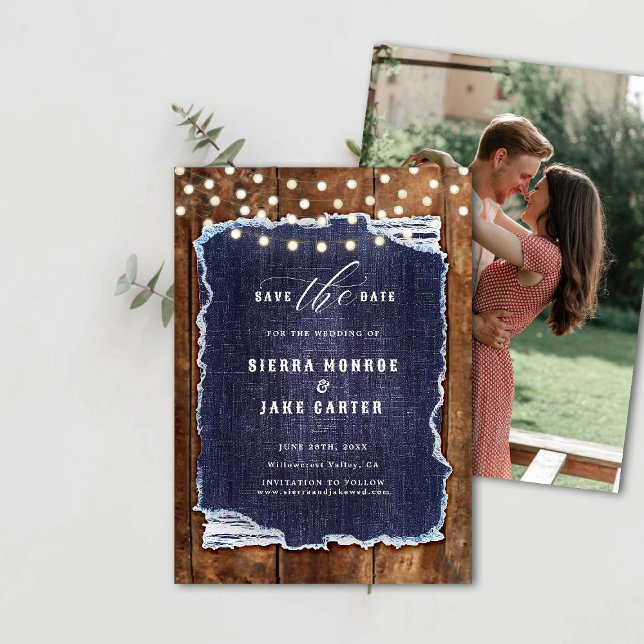 Convites Rustic Wood Denim Foto Cowboy Casamento Data de Sa (rustic wedding save the date cowboy barn wood denim string lights ranch country western backyard)