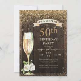 Convites Rustic Wood Dourado Floral Surpresa 50º Aniversári