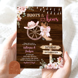 Convites Rustic Wood Floral Boots and Bows Baby Shower