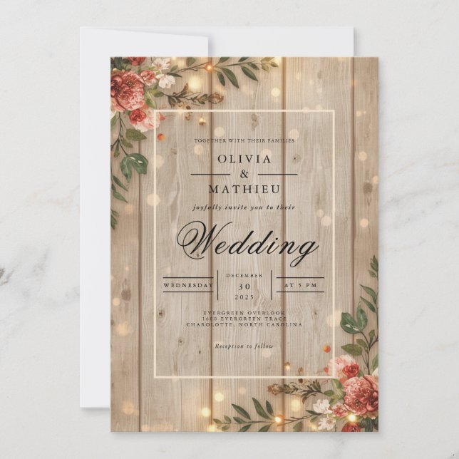 Convites Rustic Wood Floral Romance Weding (Frente)