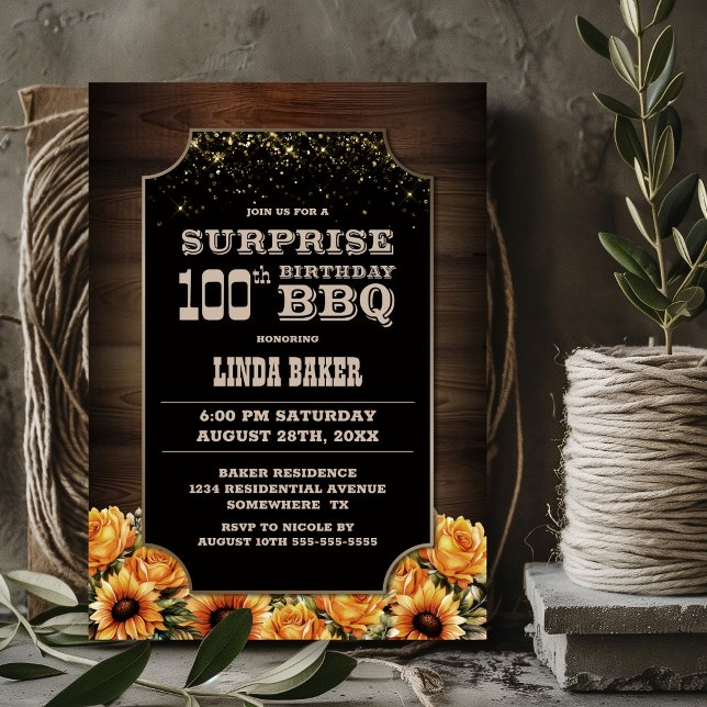 Convites Rustic Wood Floral Surprise 100º CHURRASCO de Aniv (Criador carregado)
